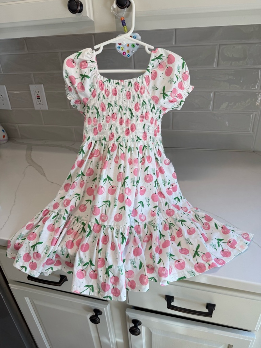 SweetHoney White Dress with Pink Cherry Print and Green Accents